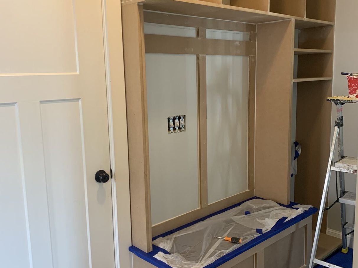 Built-in bench and shelving before painting, comparison 2
