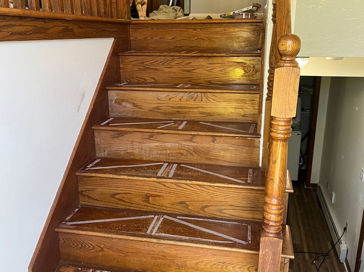 Stairwell railings and treads before painting, comparison 3