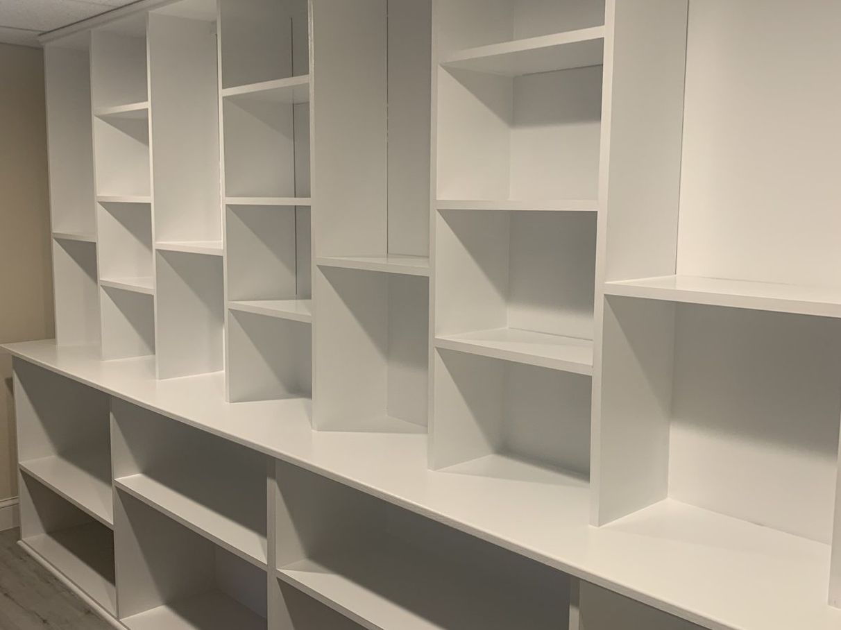 Painted white built-in shelving, comparison 4