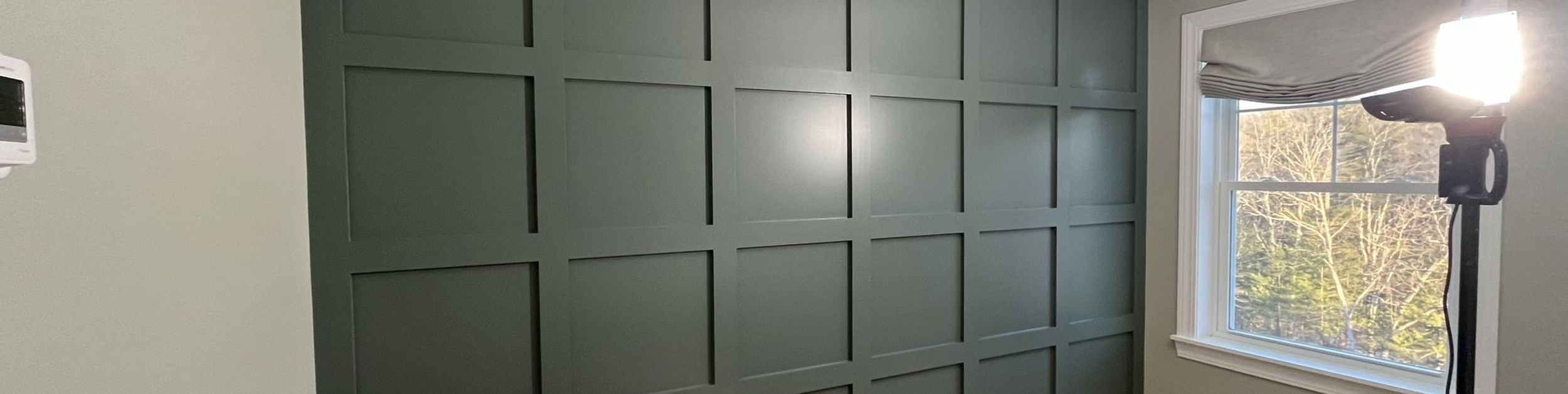 Freshly painted built-in wall with dark green paneling